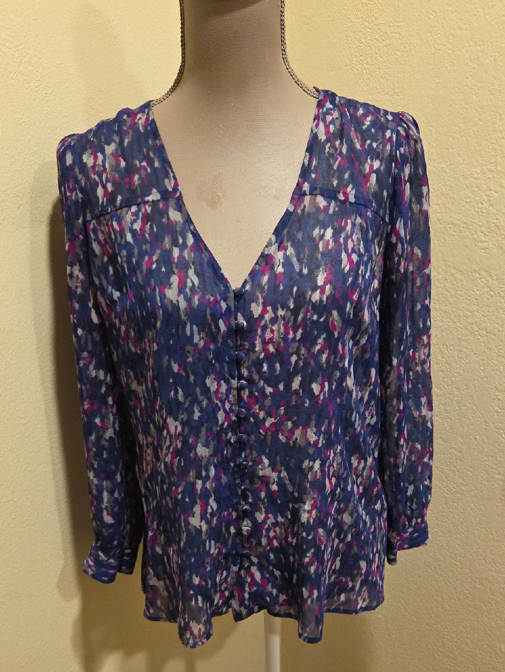Joie Purple and Magenta Abstract V-Neck Button Front Blouse